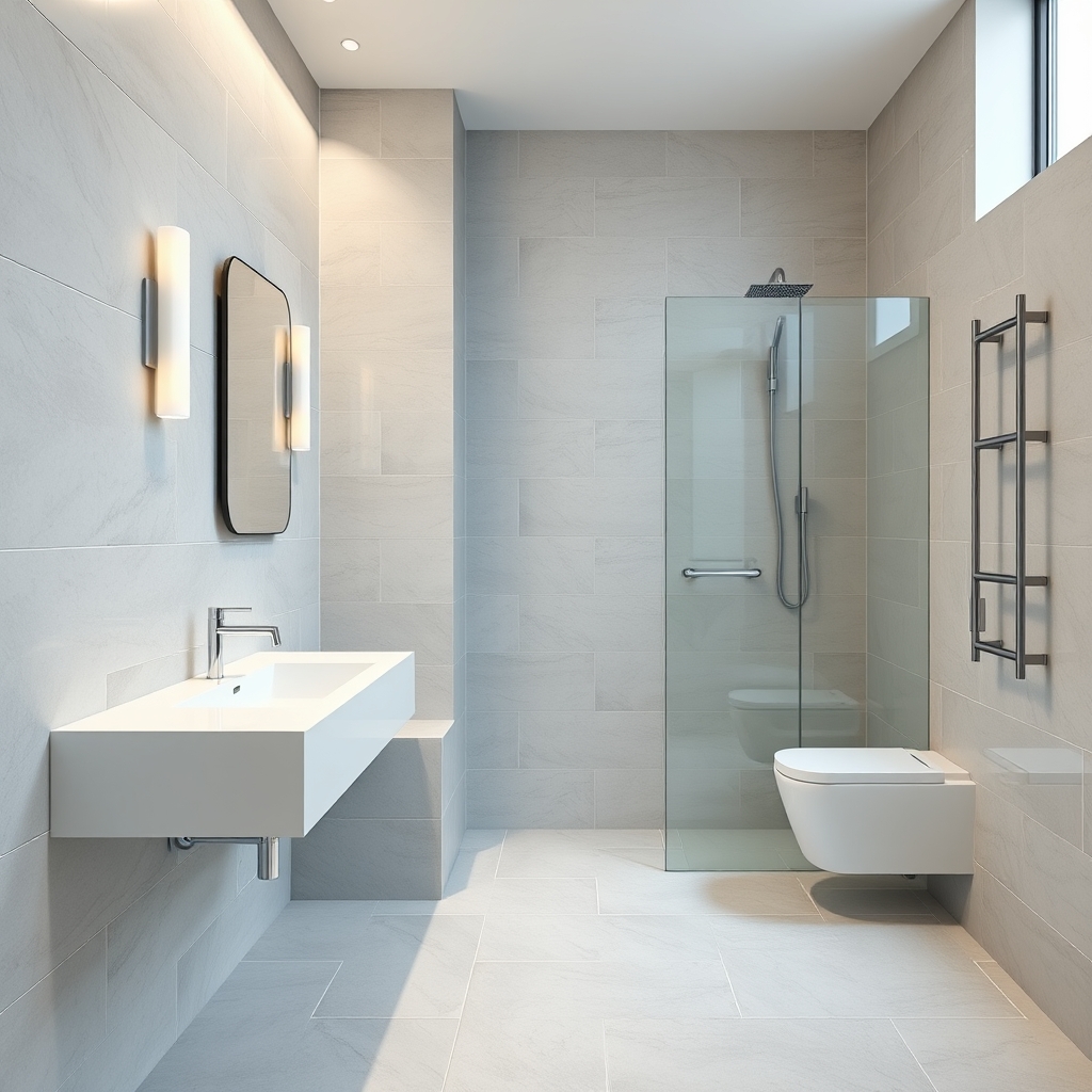 Bagno rinnovato con piastrelle di grande formato