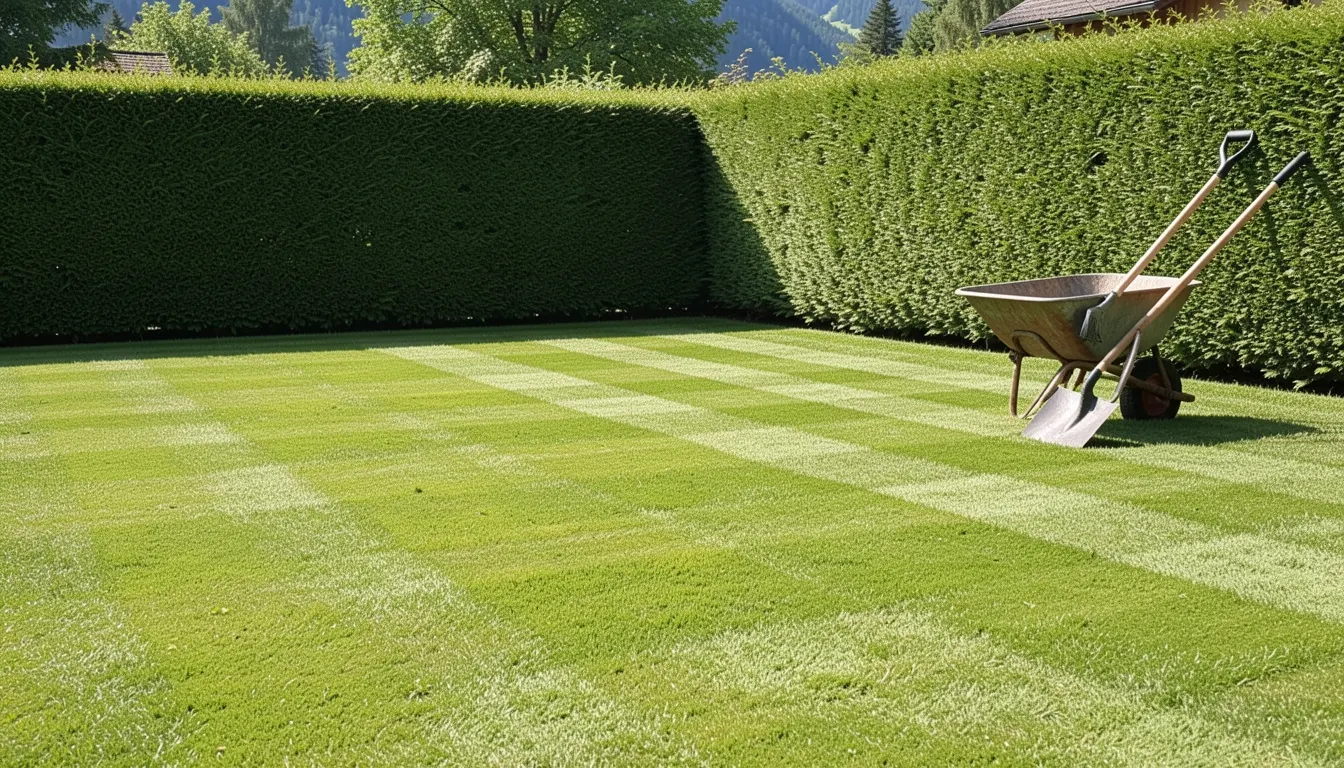 Giardino curato con prato sfalciato e siepi in ordine